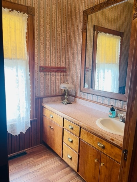 bathroom with vanity and hardwood / wood-style flooring