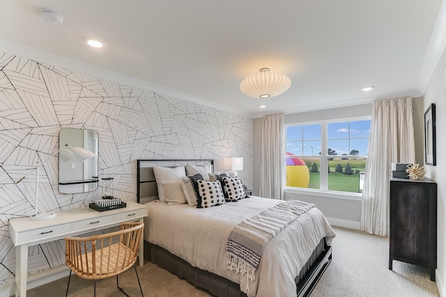 carpeted bedroom featuring ornamental molding