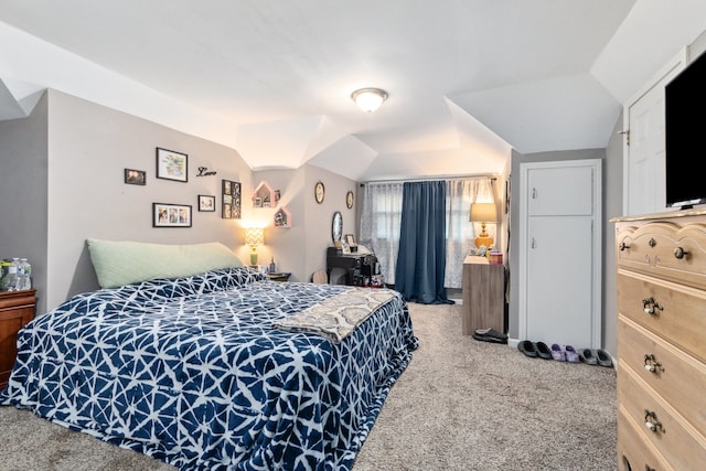 carpeted bedroom with vaulted ceiling