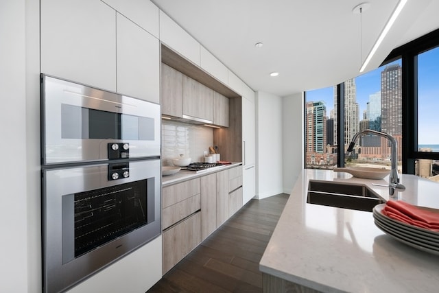 kitchen with tasteful backsplash, stainless steel appliances, dark hardwood / wood-style floors, light brown cabinetry, and sink