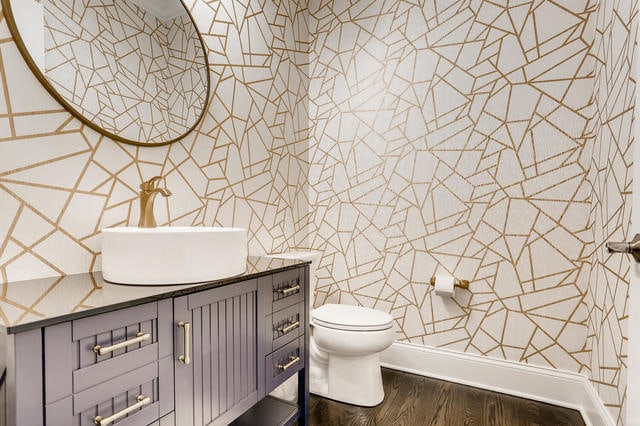 bathroom featuring vanity, toilet, and hardwood / wood-style floors