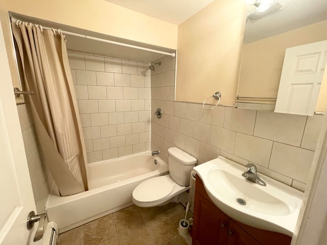 full bathroom with decorative backsplash, shower / tub combo, tile walls, toilet, and vanity