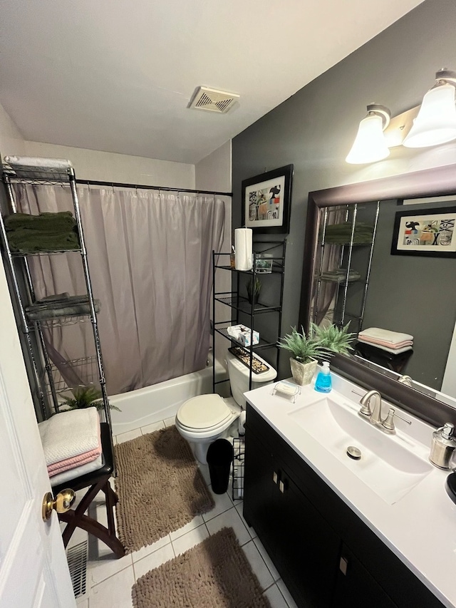 full bathroom featuring vanity, shower / tub combo with curtain, toilet, and tile patterned flooring