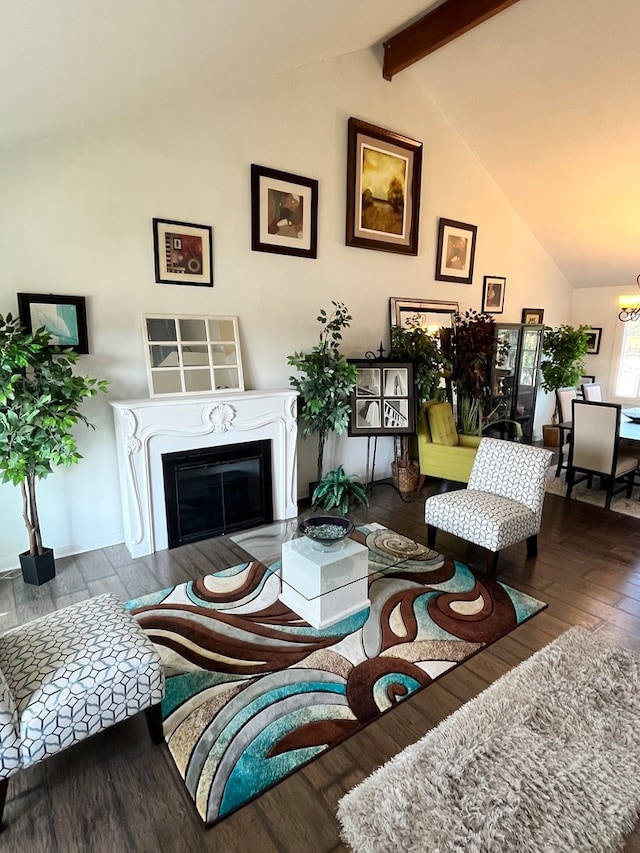 sitting room with vaulted ceiling with beams and wood-type flooring