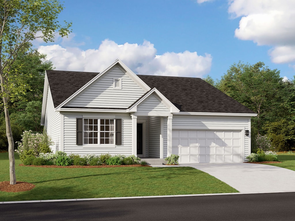 ranch-style home featuring a front yard and a garage