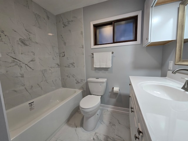 full bathroom featuring vanity, tiled shower / bath combo, and toilet