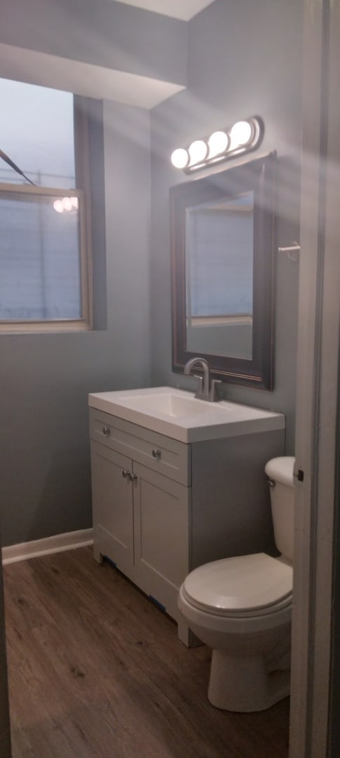 bathroom featuring vanity, hardwood / wood-style floors, and toilet