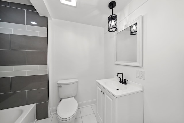 full bathroom with vanity, shower with separate bathtub, toilet, and tile patterned flooring