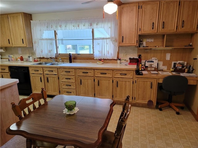 kitchen with sink, backsplash, dishwasher, and ceiling fan