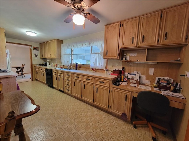 kitchen with black dishwasher, white fridge, and ceiling fan