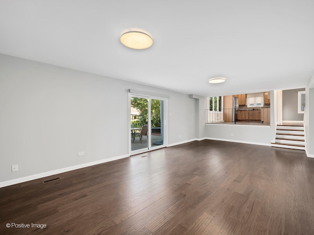 unfurnished living room featuring dark hardwood / wood-style flooring