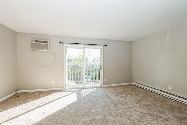 spare room with a wall mounted AC, light colored carpet, and a baseboard radiator