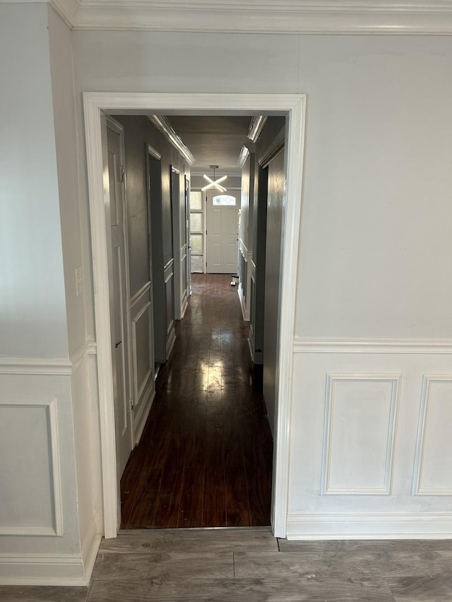 hall featuring ornamental molding and dark wood-type flooring