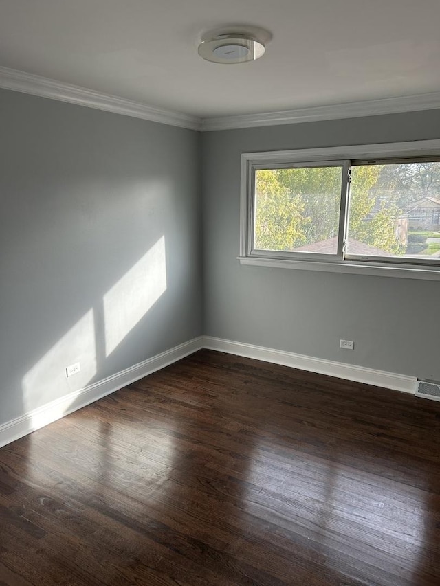 spare room with ornamental molding and dark wood-type flooring