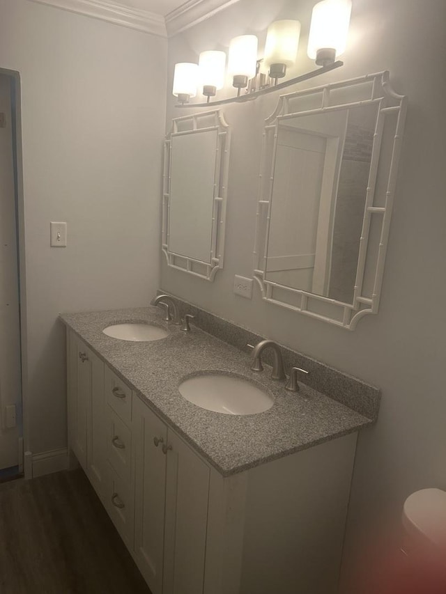 bathroom with crown molding, wood-type flooring, and vanity