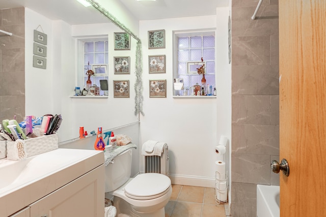 full bathroom featuring vanity, toilet, shower / tub combo, and tile patterned flooring