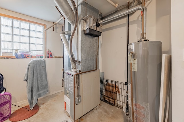 utility room with heating unit and water heater