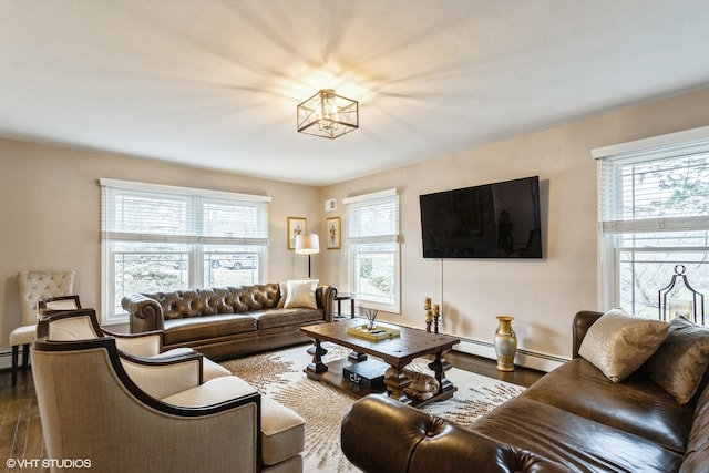 living room featuring hardwood / wood-style flooring and baseboard heating