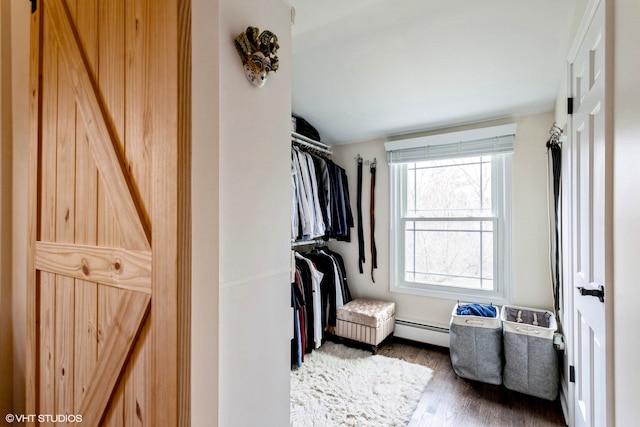 walk in closet featuring a baseboard heating unit and dark hardwood / wood-style flooring