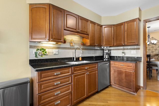 kitchen with sink, backsplash, light hardwood / wood-style flooring, and stainless steel dishwasher