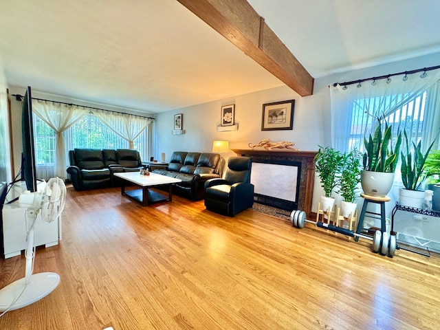 living room with beam ceiling and light wood-type flooring