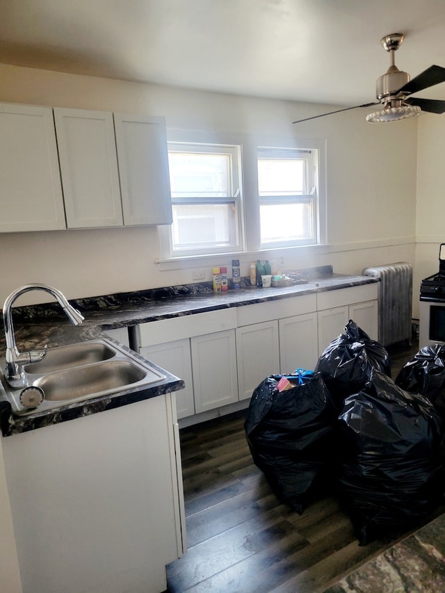 kitchen with ceiling fan, dark hardwood / wood-style flooring, white cabinetry, radiator, and sink