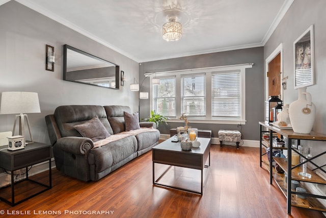 living room with ornamental molding and hardwood / wood-style floors