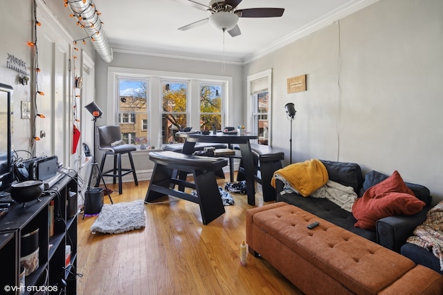 living room with light hardwood / wood-style flooring, ornamental molding, and ceiling fan