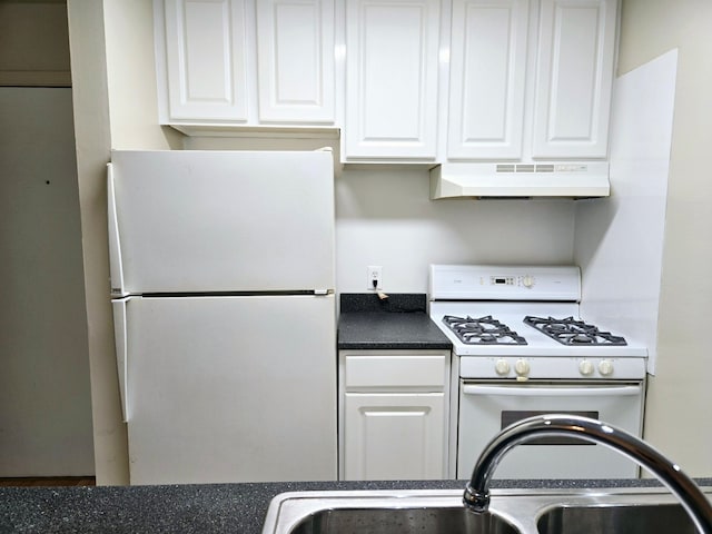 kitchen with white cabinetry, sink, and white appliances