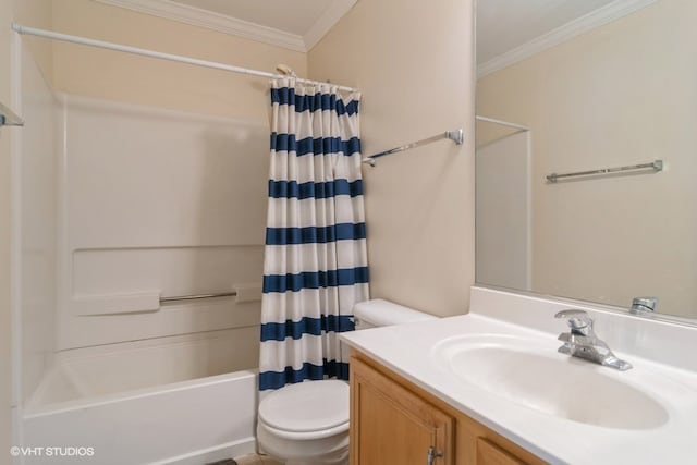 full bathroom featuring vanity, toilet, shower / bath combo with shower curtain, and ornamental molding