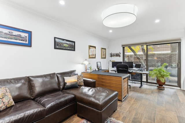 home office featuring ornamental molding and wood-type flooring