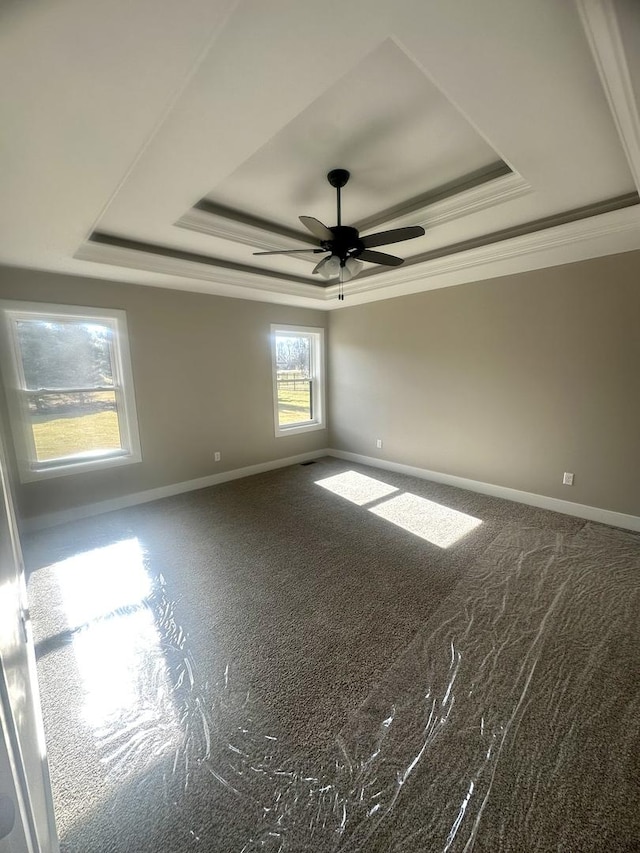 spare room featuring crown molding, carpet floors, a raised ceiling, and ceiling fan