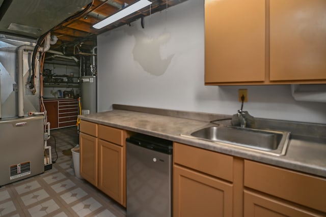 kitchen with gas water heater, stainless steel dishwasher, heating unit, and sink