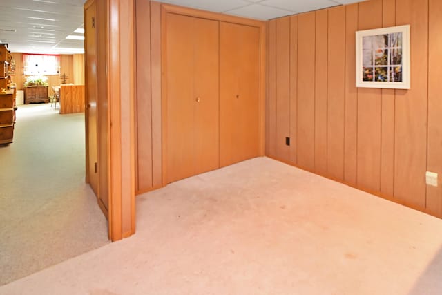 basement with light carpet and wood walls