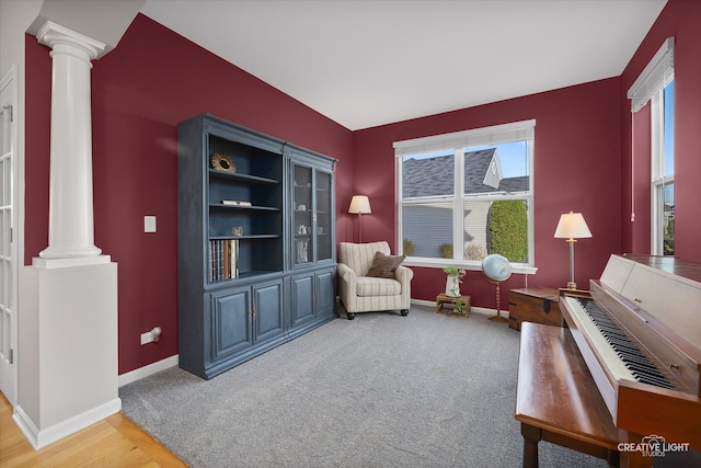 living area with carpet flooring and ornate columns