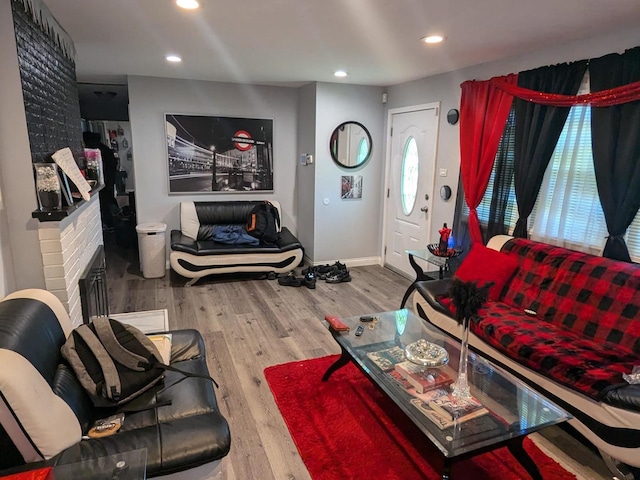 living room featuring hardwood / wood-style floors, a fireplace, and plenty of natural light