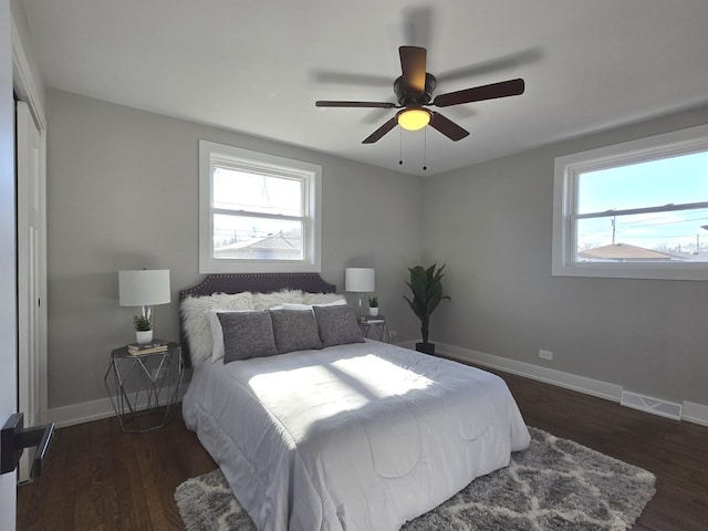 bedroom featuring ceiling fan, a closet, and dark hardwood / wood-style flooring