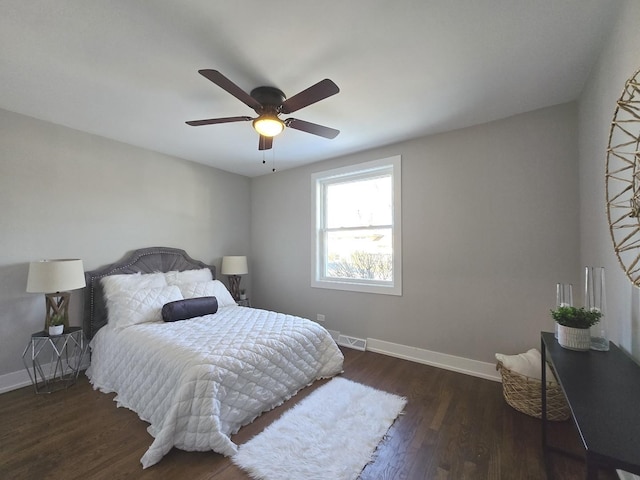 bedroom with ceiling fan and dark hardwood / wood-style floors