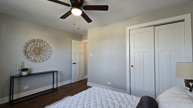 bedroom featuring ceiling fan, a closet, and dark hardwood / wood-style floors