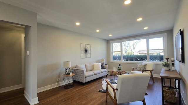 living room with dark hardwood / wood-style flooring