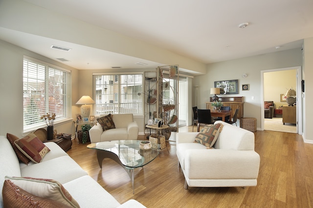 living room featuring a wealth of natural light and light hardwood / wood-style floors