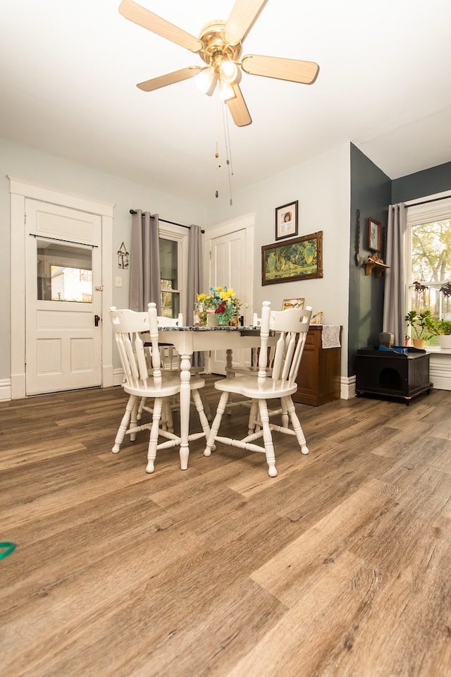 dining room featuring hardwood / wood-style floors and ceiling fan