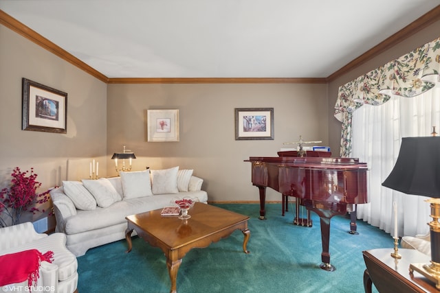 carpeted living room featuring crown molding