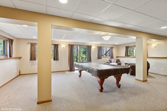 recreation room featuring a paneled ceiling, light colored carpet, billiards, and plenty of natural light