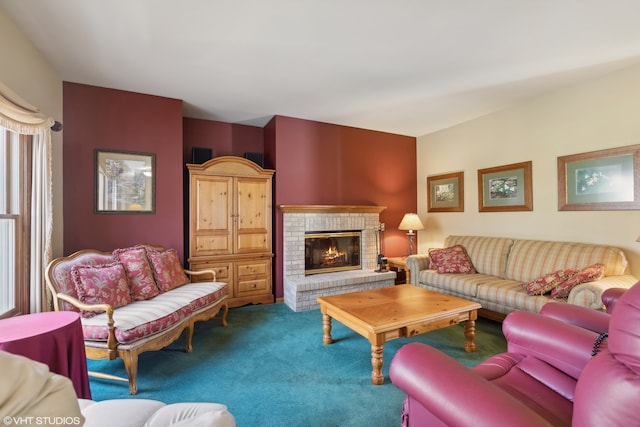 living room featuring carpet and a fireplace