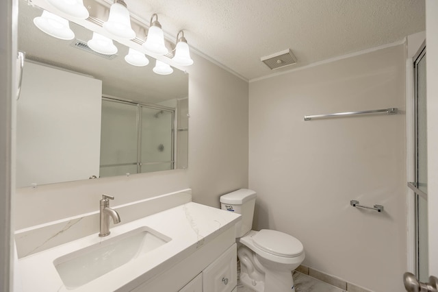 bathroom with walk in shower, vanity, a textured ceiling, and toilet