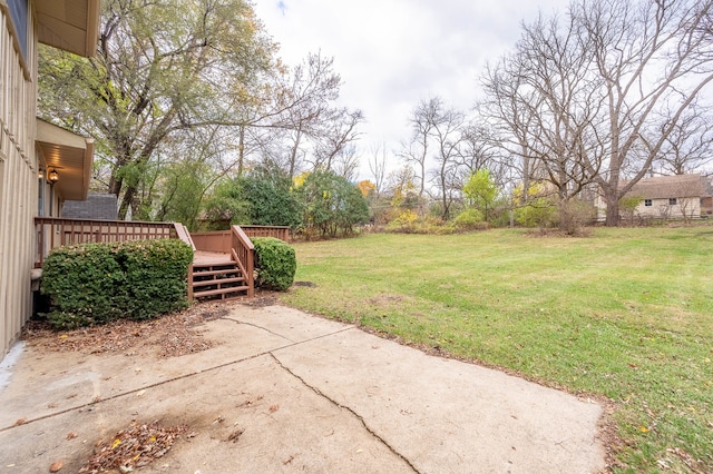 view of yard featuring a deck and a patio