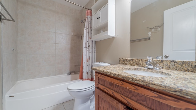 full bathroom with toilet, tile patterned flooring, vanity, and shower / tub combo