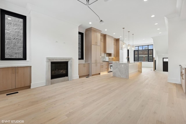 unfurnished living room featuring sink, crown molding, and light wood-type flooring