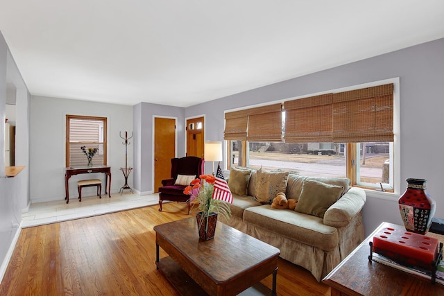 living room featuring a wealth of natural light and light hardwood / wood-style flooring